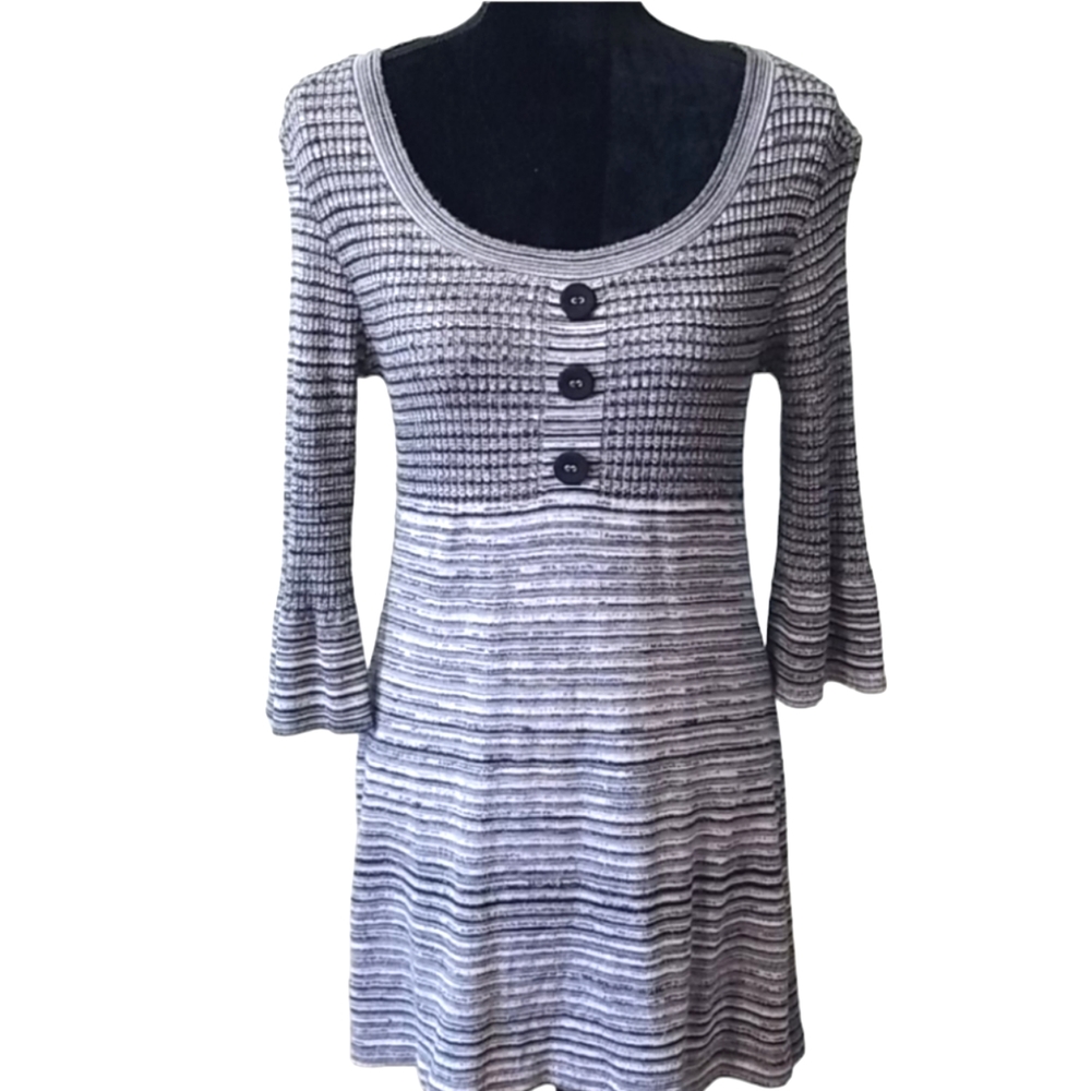 Knit mini dress gray black white stripes 3/4 long bell sleeves
